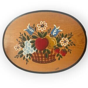 Vintage oval tole hand painted flowers wood wall plaque signed